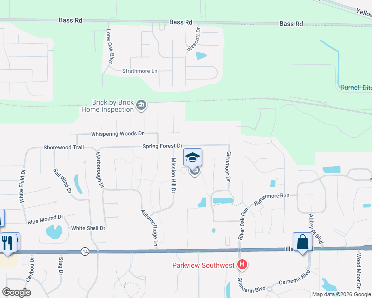 map of restaurants, bars, coffee shops, grocery stores, and more near 8617 Spring Forest Drive in Fort Wayne