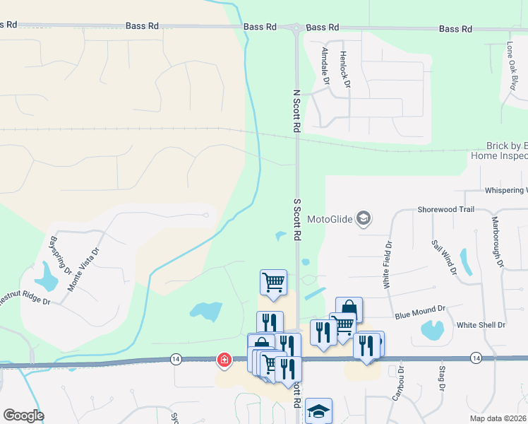 map of restaurants, bars, coffee shops, grocery stores, and more near 123 North Scott Road in Fort Wayne