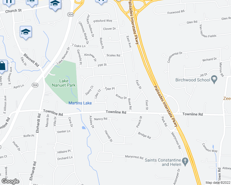 map of restaurants, bars, coffee shops, grocery stores, and more near 14 Kreuz Drive in West Nyack