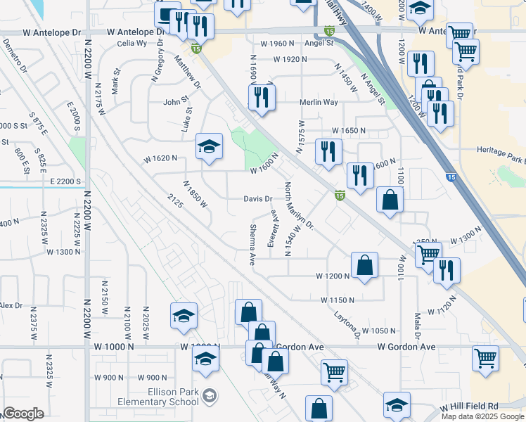 map of restaurants, bars, coffee shops, grocery stores, and more near 1523 Sherma Avenue in Layton