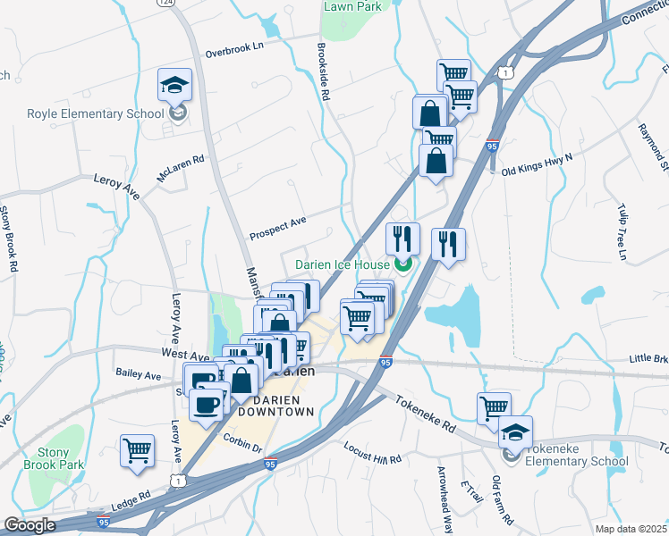 map of restaurants, bars, coffee shops, grocery stores, and more near 719 Boston Post Road in Darien