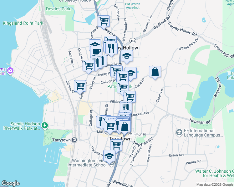 map of restaurants, bars, coffee shops, grocery stores, and more near 121 North Broadway in Tarrytown