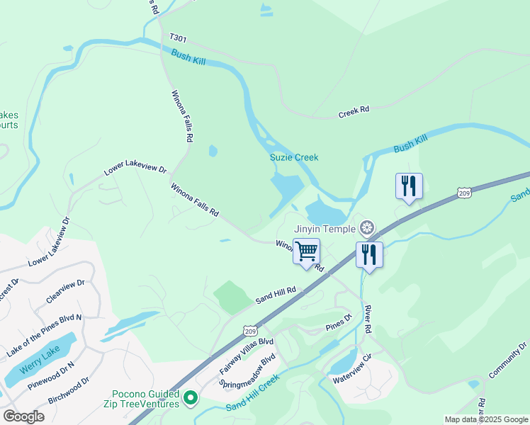 map of restaurants, bars, coffee shops, grocery stores, and more near 5064 Winona Falls Road in East Stroudsburg