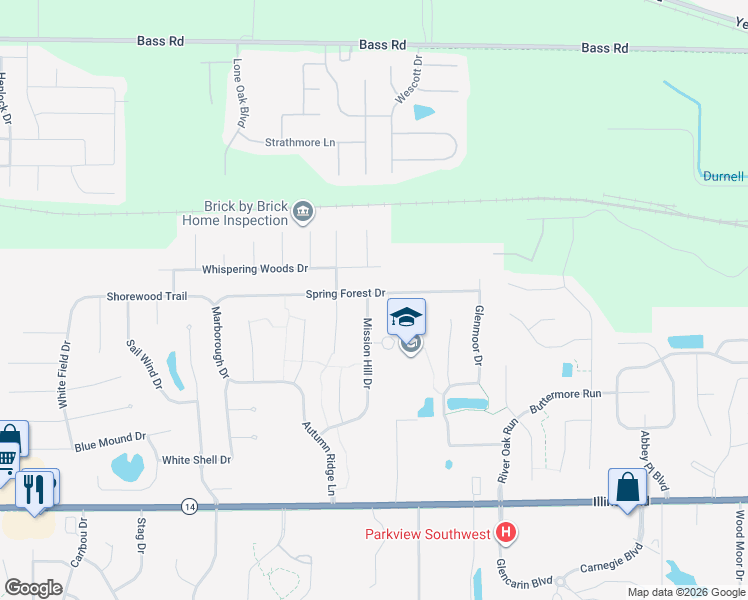 map of restaurants, bars, coffee shops, grocery stores, and more near 8617 Spring Forest Drive in Fort Wayne