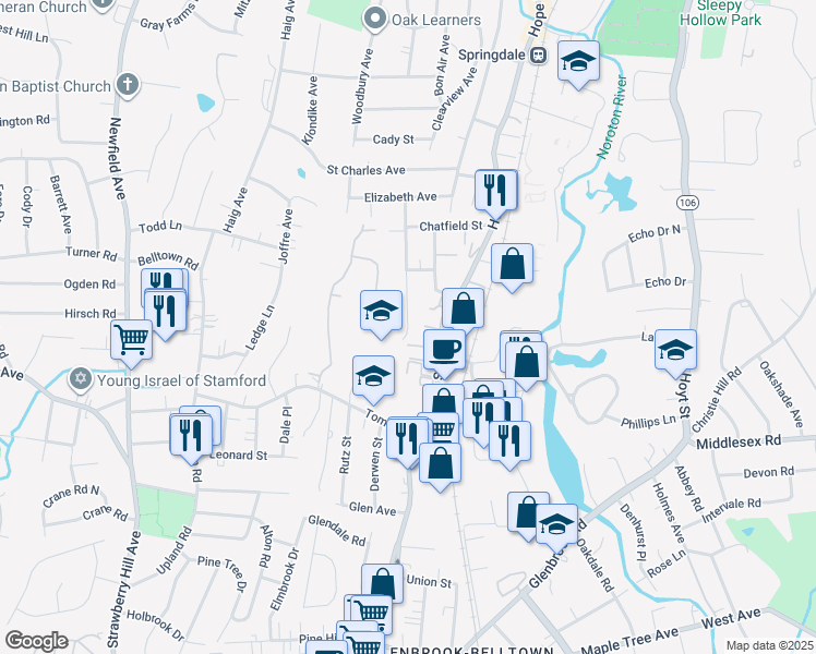 map of restaurants, bars, coffee shops, grocery stores, and more near 123 Ridgewood Avenue in Stamford