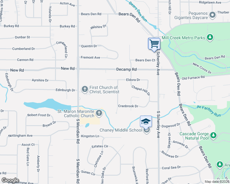 map of restaurants, bars, coffee shops, grocery stores, and more near 2036 Cranbrook Drive in Youngstown