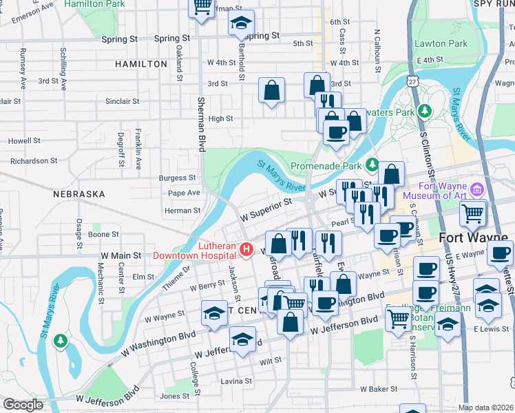 map of restaurants, bars, coffee shops, grocery stores, and more near 705 W Superior St in Fort Wayne