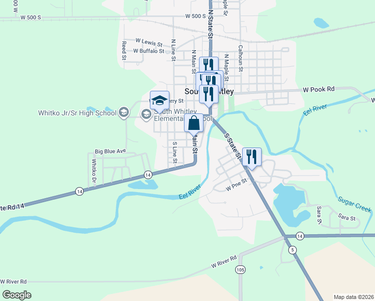 map of restaurants, bars, coffee shops, grocery stores, and more near 510 South Line Street in South Whitley