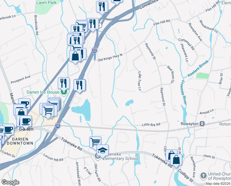 map of restaurants, bars, coffee shops, grocery stores, and more near 19 Circle Road in Darien