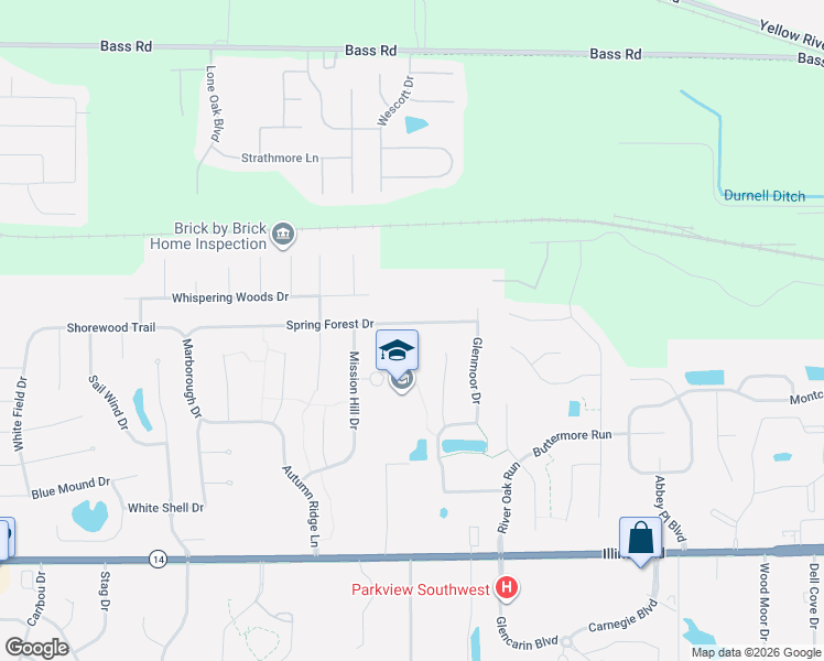 map of restaurants, bars, coffee shops, grocery stores, and more near 8517 Spring Forest Drive in Fort Wayne