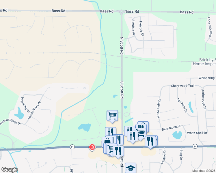 map of restaurants, bars, coffee shops, grocery stores, and more near 123 North Scott Road in Fort Wayne