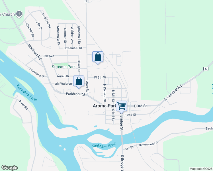 map of restaurants, bars, coffee shops, grocery stores, and more near 301 North Division Street in Aroma Park