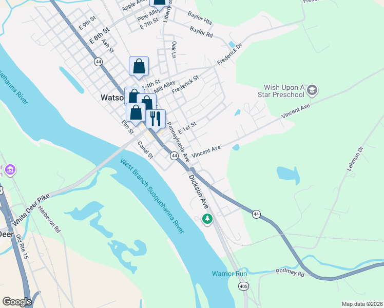 map of restaurants, bars, coffee shops, grocery stores, and more near Pennsylvania Avenue in Watsontown