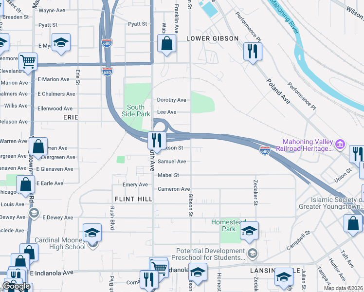 map of restaurants, bars, coffee shops, grocery stores, and more near 639 Dickson Street in Youngstown