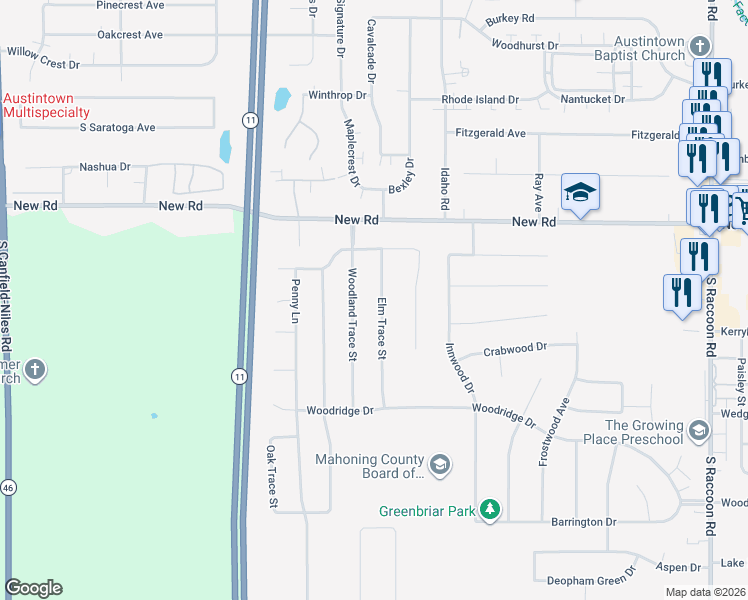 map of restaurants, bars, coffee shops, grocery stores, and more near 1966 Elm Trace Street in Youngstown