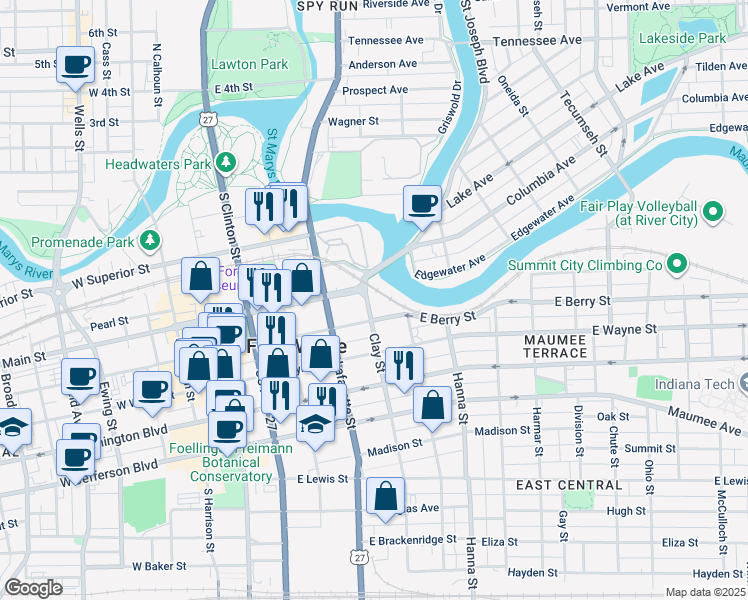 map of restaurants, bars, coffee shops, grocery stores, and more near 501-599 East Berry Street in Fort Wayne