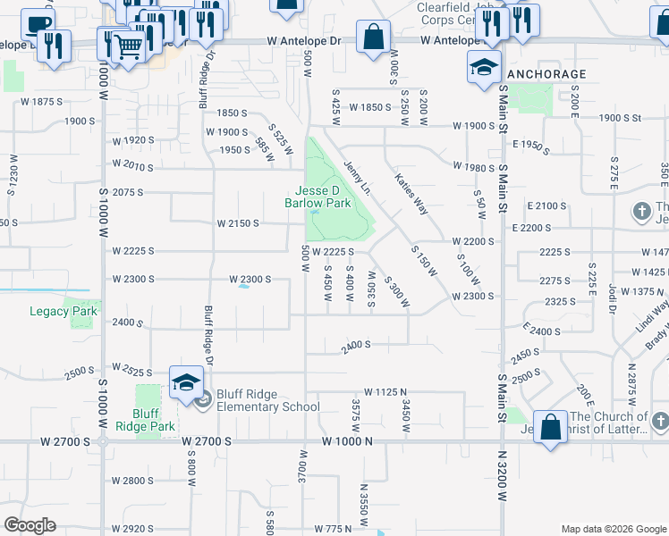 map of restaurants, bars, coffee shops, grocery stores, and more near 2253 South 450 West in Clearfield