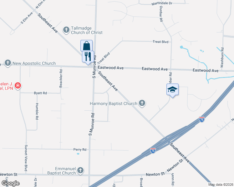 map of restaurants, bars, coffee shops, grocery stores, and more near 737 Danner Road in Tallmadge