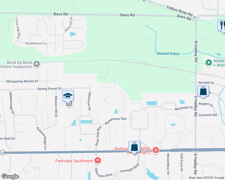 map of restaurants, bars, coffee shops, grocery stores, and more near 8014 Acorn Hill Cove in Fort Wayne