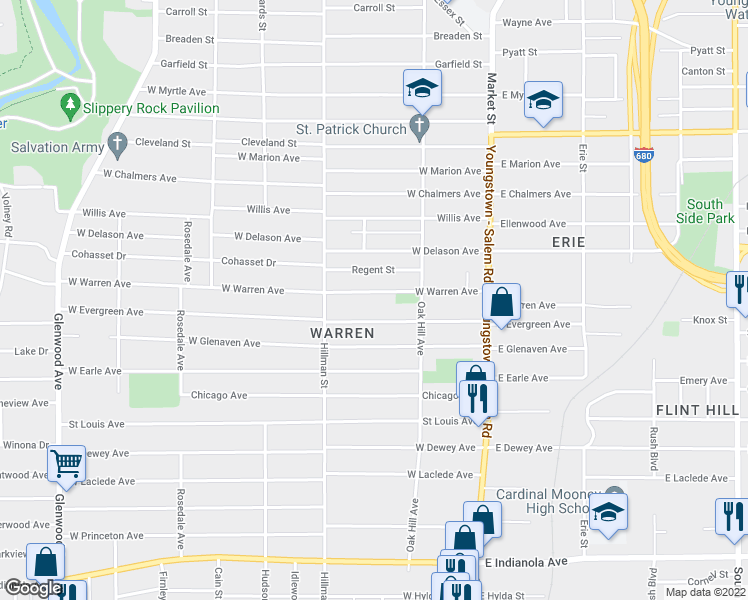map of restaurants, bars, coffee shops, grocery stores, and more near 153 West Warren Avenue in Youngstown