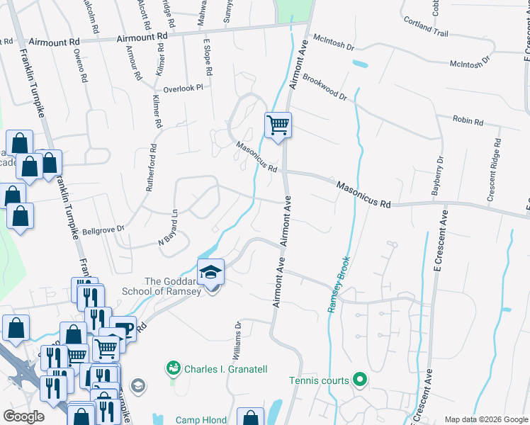 map of restaurants, bars, coffee shops, grocery stores, and more near 17 Romopock Court in Mahwah