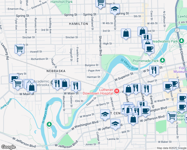map of restaurants, bars, coffee shops, grocery stores, and more near 1017 Herman Street in Fort Wayne