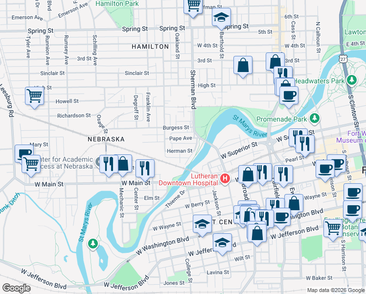 map of restaurants, bars, coffee shops, grocery stores, and more near 938 Herman Street in Fort Wayne