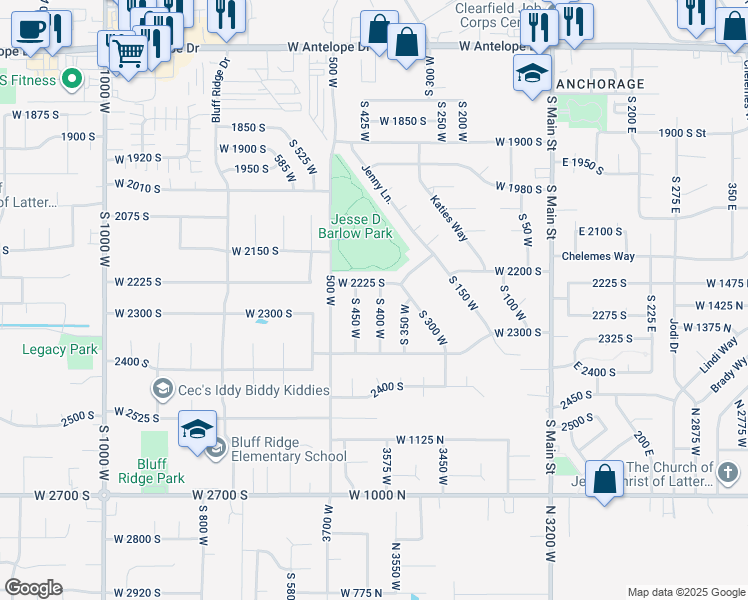 map of restaurants, bars, coffee shops, grocery stores, and more near 2241 South 400 West in Clearfield