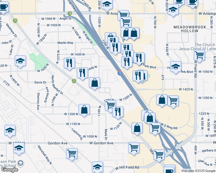 map of restaurants, bars, coffee shops, grocery stores, and more near 1409 Seraphim Lane in Layton