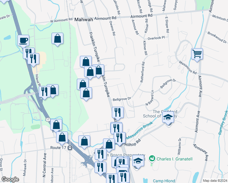 map of restaurants, bars, coffee shops, grocery stores, and more near 405 Franklin Turnpike in Mahwah
