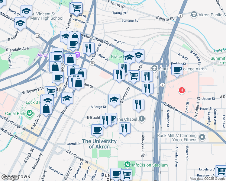 map of restaurants, bars, coffee shops, grocery stores, and more near 263 East Mill Street in Akron