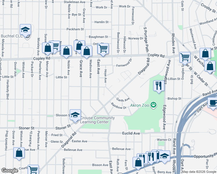 map of restaurants, bars, coffee shops, grocery stores, and more near 727 Garth Avenue in Akron