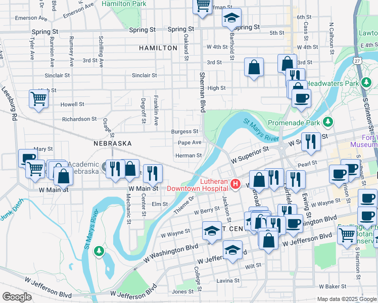 map of restaurants, bars, coffee shops, grocery stores, and more near 1017 Herman Street in Fort Wayne