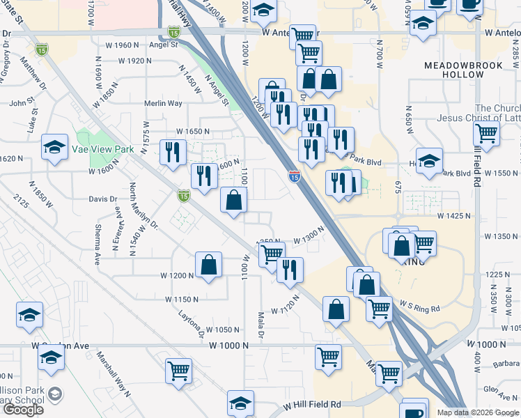 map of restaurants, bars, coffee shops, grocery stores, and more near 1148 Seraphim Court in Layton
