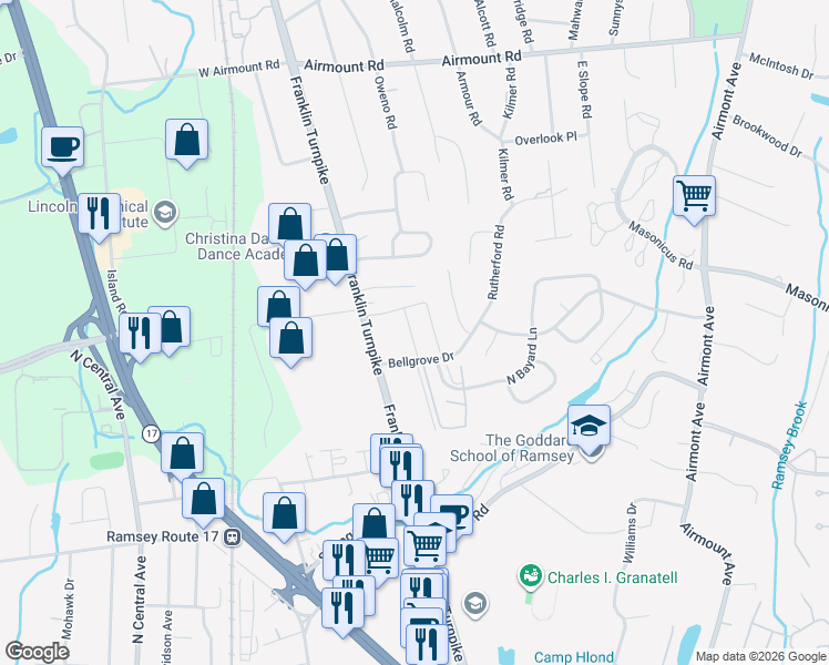 map of restaurants, bars, coffee shops, grocery stores, and more near 405 Franklin Turnpike in Mahwah