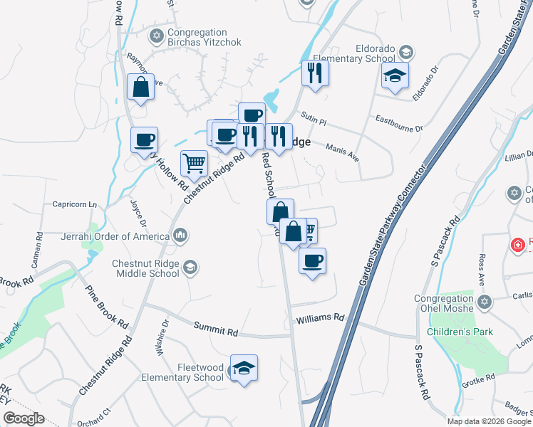 map of restaurants, bars, coffee shops, grocery stores, and more near 10 Garrett Court in Chestnut Ridge