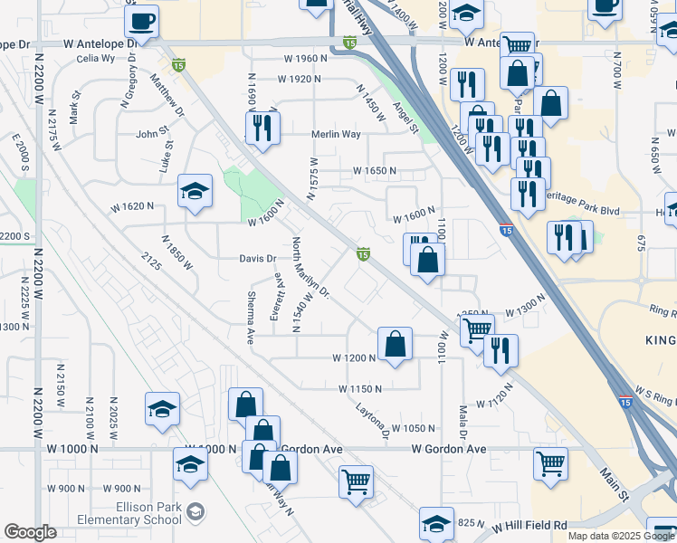 map of restaurants, bars, coffee shops, grocery stores, and more near 1498 North 1540 West in Layton