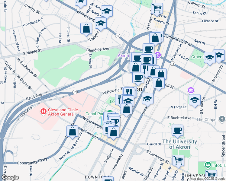 map of restaurants, bars, coffee shops, grocery stores, and more near 80 West Bowery Street in Akron