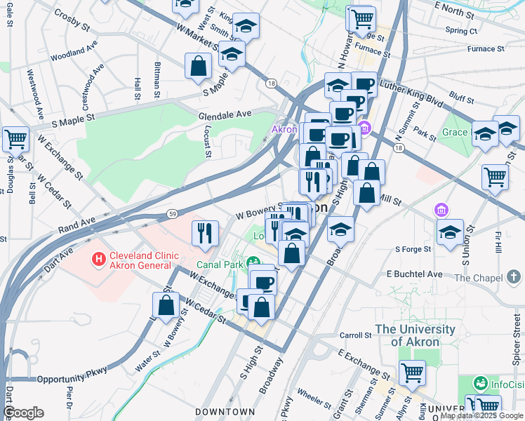 map of restaurants, bars, coffee shops, grocery stores, and more near 80 West Bowery Street in Akron