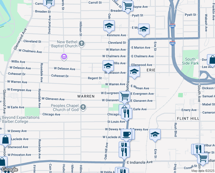 map of restaurants, bars, coffee shops, grocery stores, and more near 101 West Warren Avenue in Youngstown