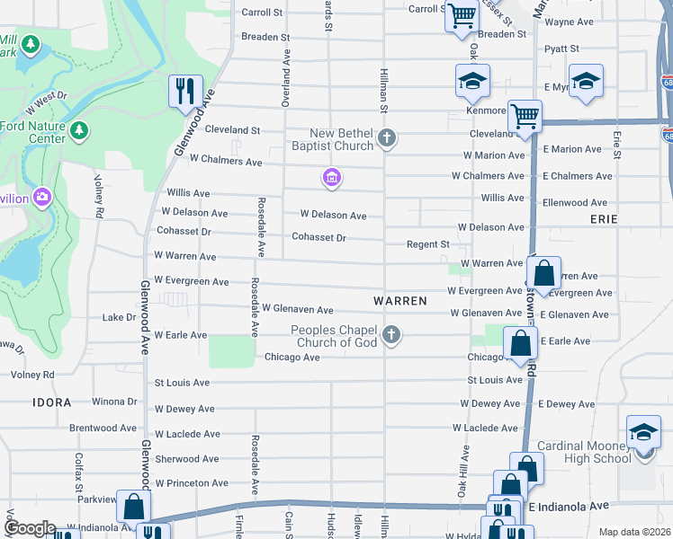 map of restaurants, bars, coffee shops, grocery stores, and more near 338 West Evergreen Avenue in Youngstown