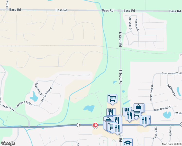 map of restaurants, bars, coffee shops, grocery stores, and more near 10610 Monte Vista Court in Fort Wayne