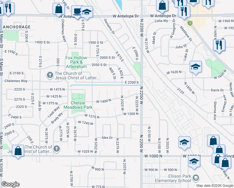 map of restaurants, bars, coffee shops, grocery stores, and more near 2398 West 1400 North in Layton