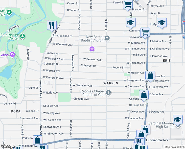 map of restaurants, bars, coffee shops, grocery stores, and more near 383 West Evergreen Avenue in Youngstown