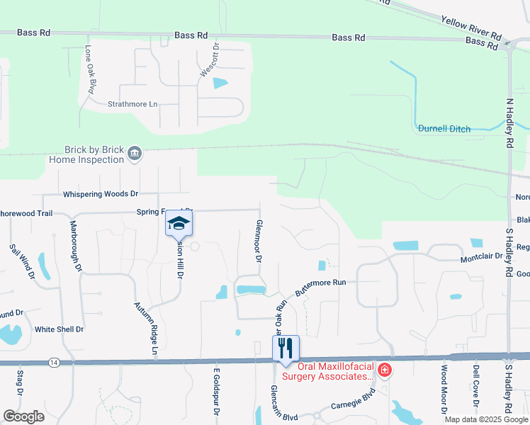 map of restaurants, bars, coffee shops, grocery stores, and more near 8233 Purple Sage Cove in Fort Wayne