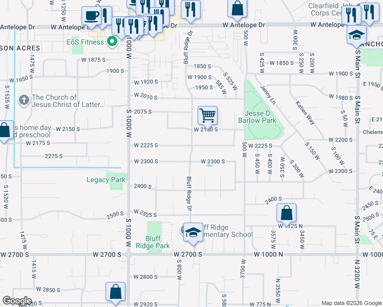 map of restaurants, bars, coffee shops, grocery stores, and more near 2299 Bluff Ridge Drive in Syracuse