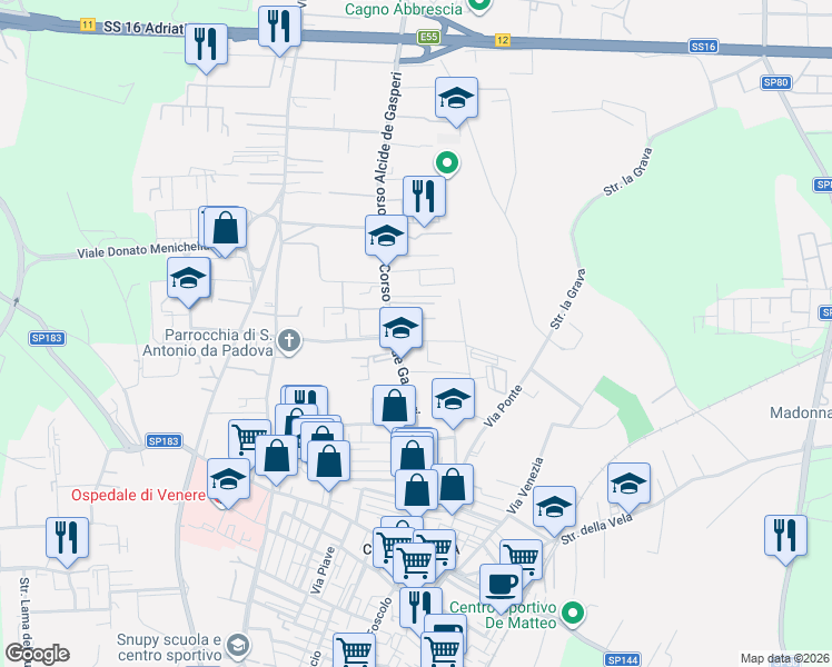 map of restaurants, bars, coffee shops, grocery stores, and more near 5 Corso Alcide de Gasperi in Bari
