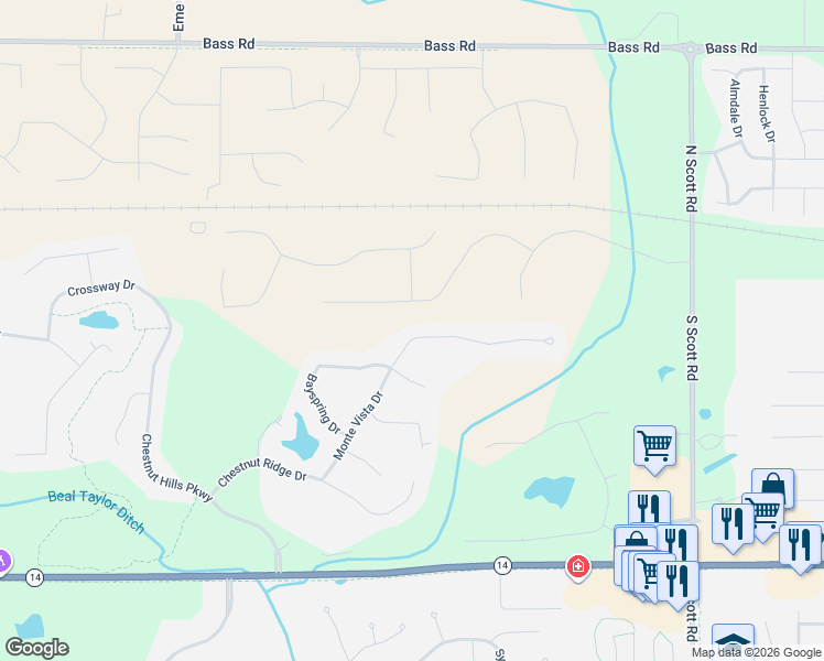 map of restaurants, bars, coffee shops, grocery stores, and more near 11128 Monte Vista Court in Fort Wayne
