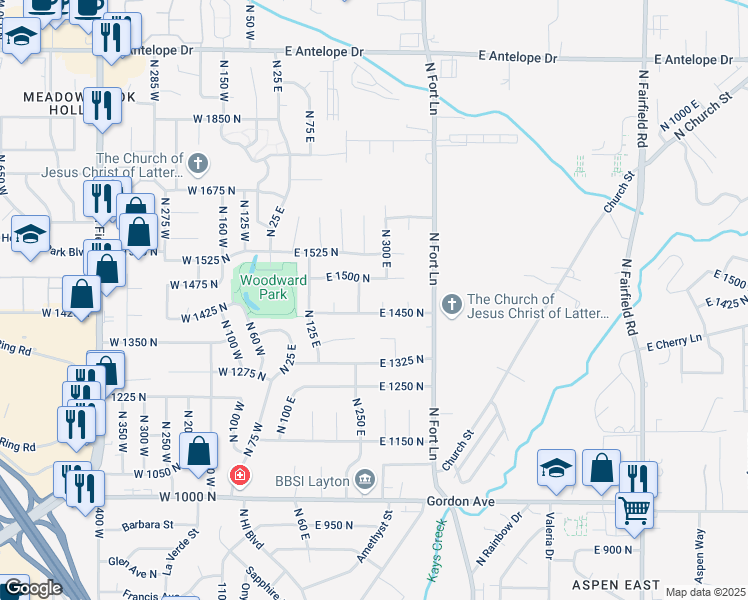map of restaurants, bars, coffee shops, grocery stores, and more near 1475 North 285 East in Layton