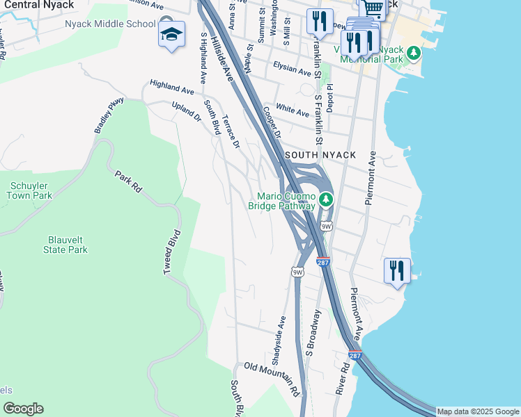 map of restaurants, bars, coffee shops, grocery stores, and more near 2 Willow Court in Nyack